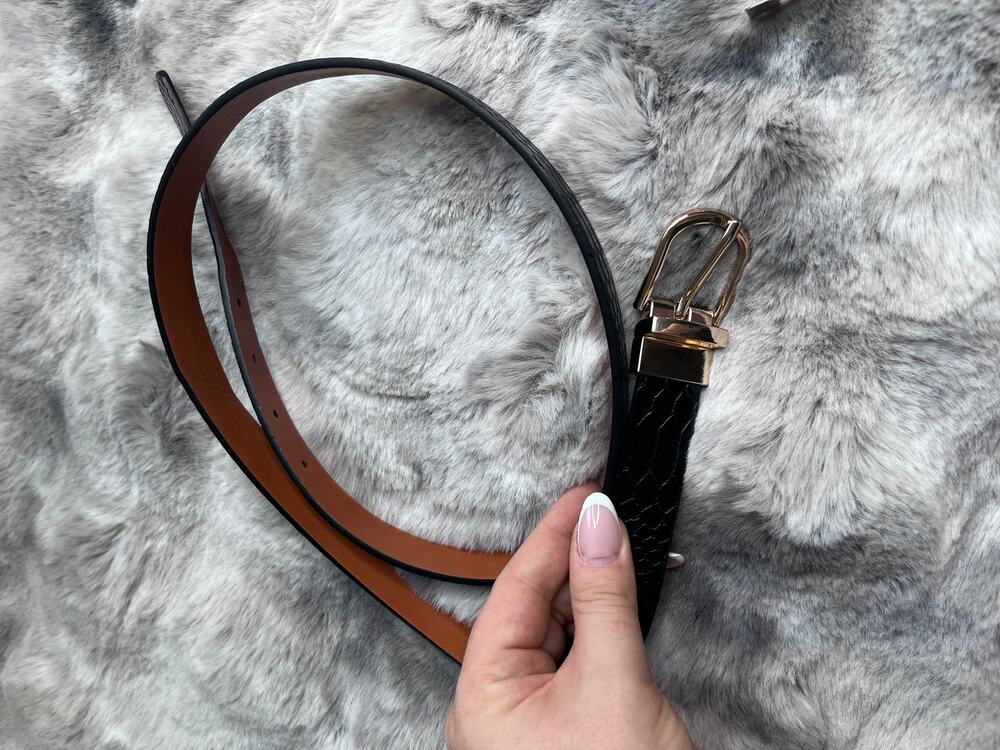 Black Faux Snake Skin Textured Belt Gold Buckle XL